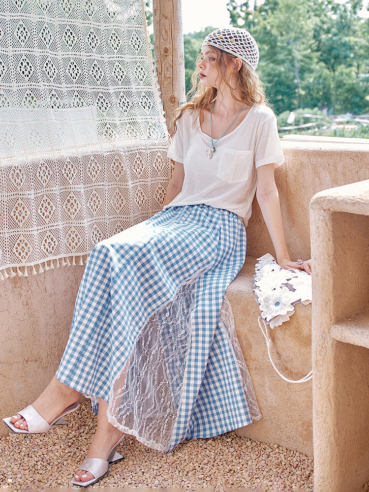 Gingham lace layered skirt