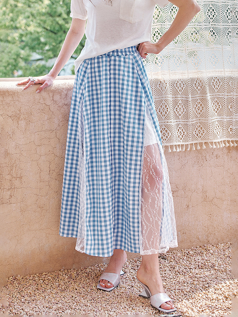 Gingham lace layered skirt