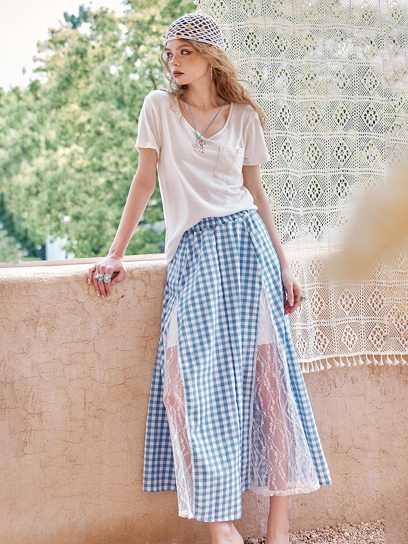 Gingham lace layered skirt
