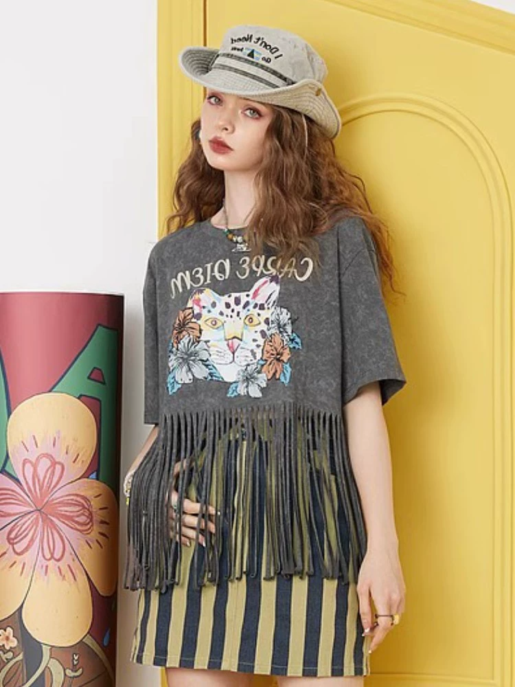 フリンジキャットプリントTシャツ