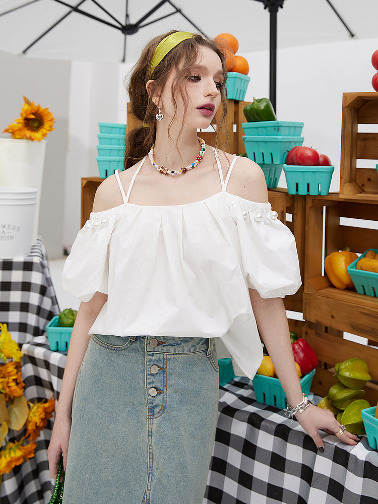 パールシャーリングショルダートップス