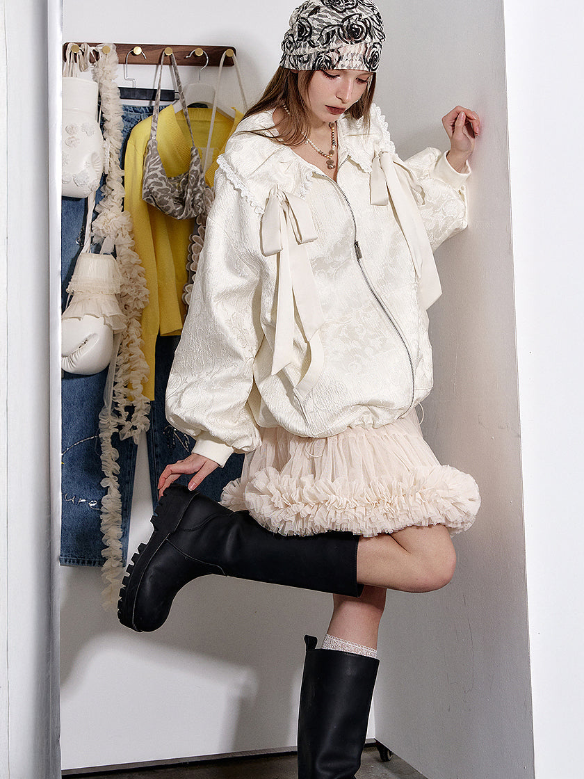 Ribbon collar jacquard jacket