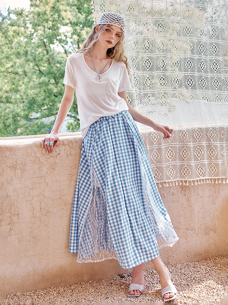 Gingham lace layered skirt