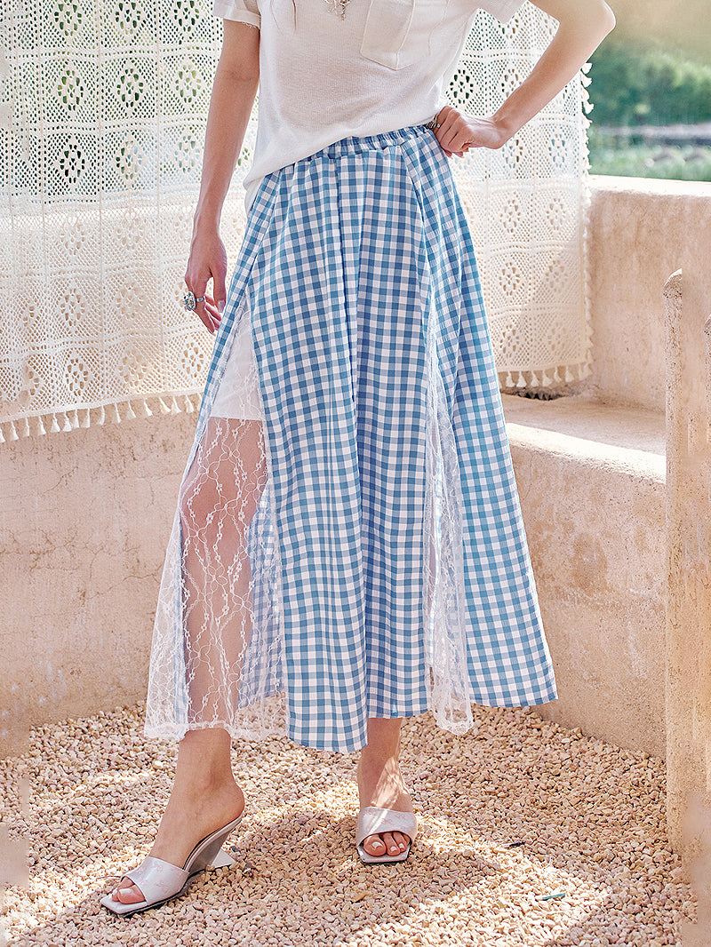 Gingham lace layered skirt