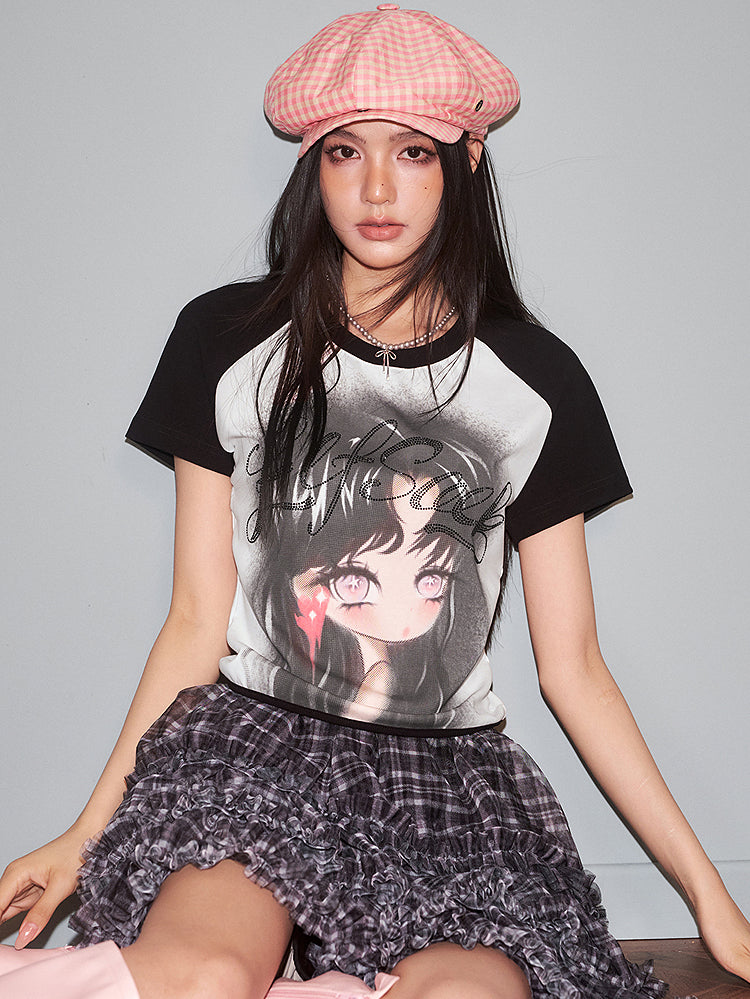 レースアップドールプリントTシャツ