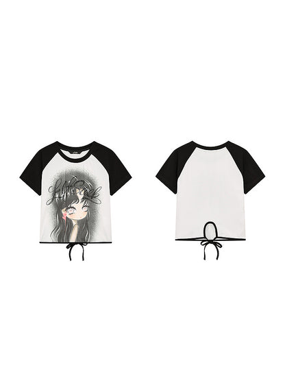 レースアップドールプリントTシャツ
