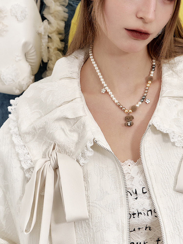 Ribbon collar jacquard jacket 