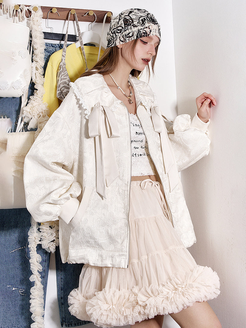 Ribbon collar jacquard jacket 