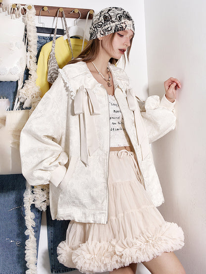 Ribbon collar jacquard jacket 