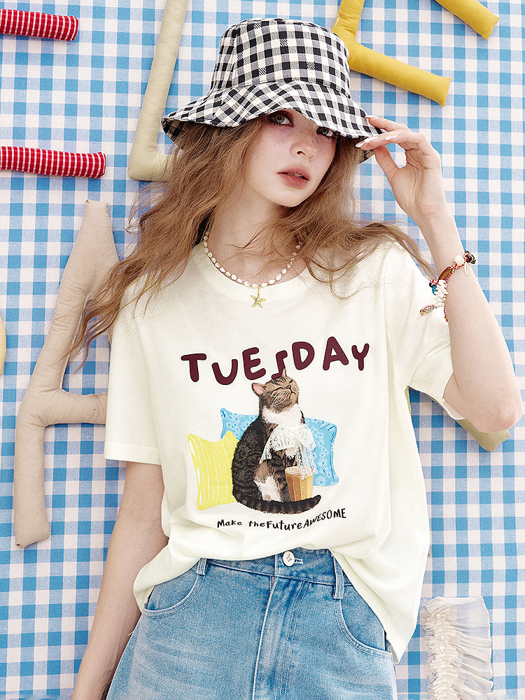 チューズデーネコプリントTシャツ