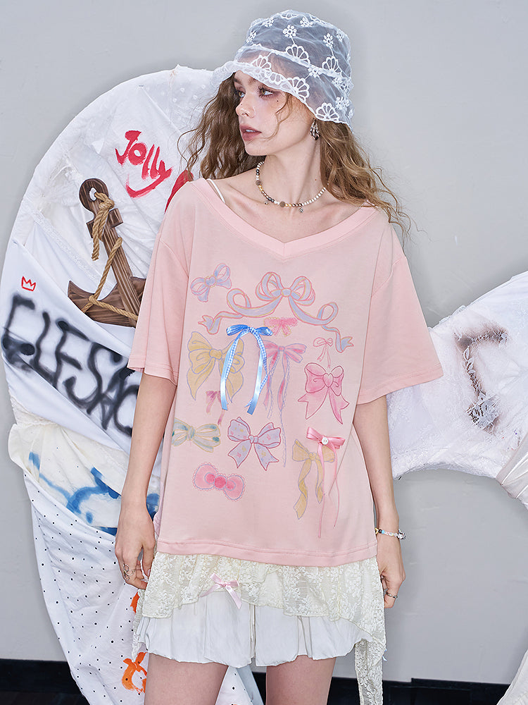 リボンレースヘムTシャツ