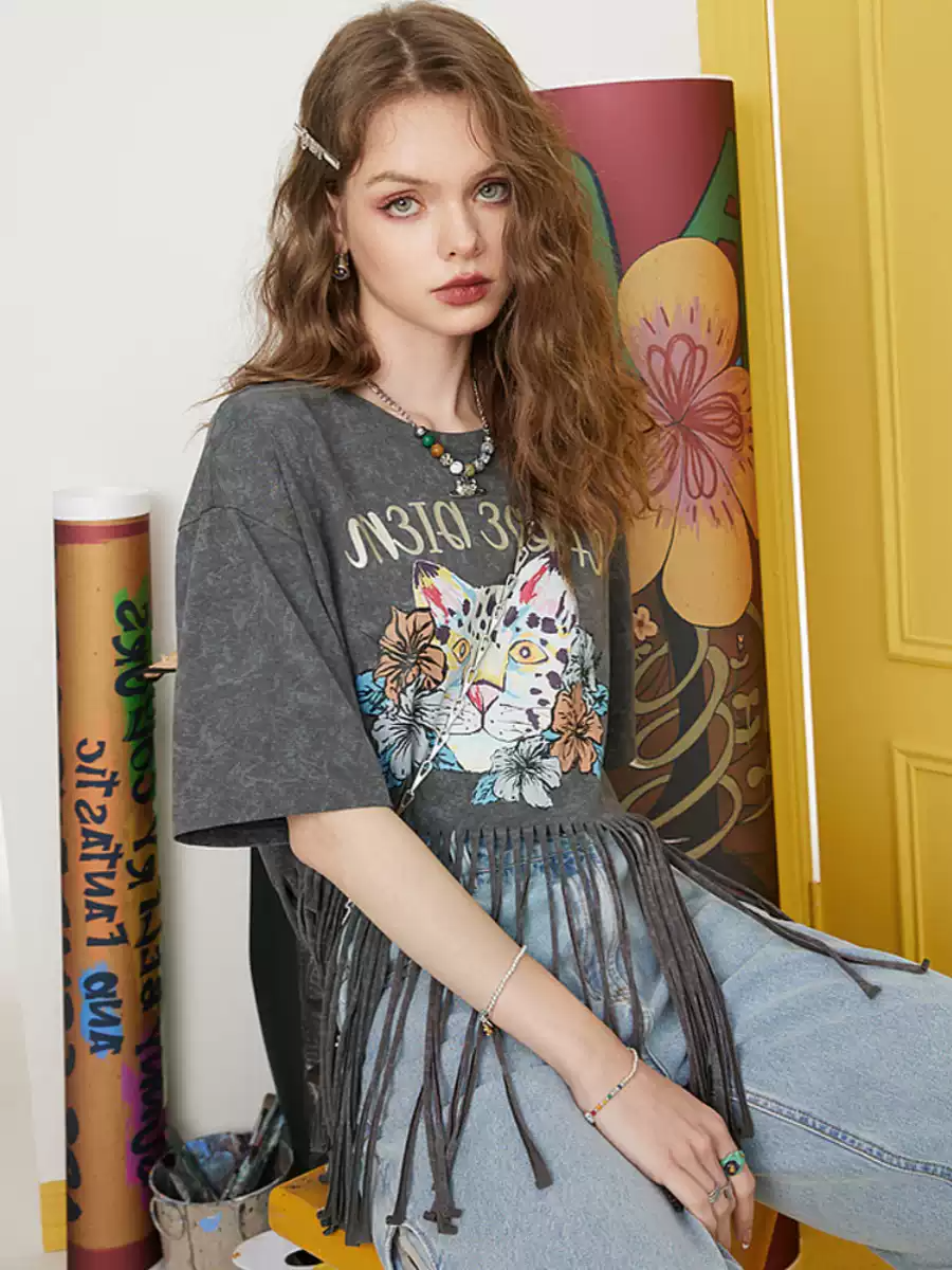 フリンジキャットプリントTシャツ