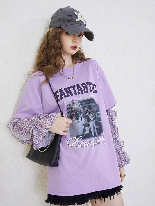 フラワースリーブフォトプリントトップ