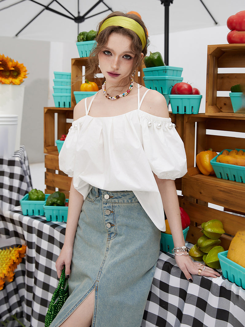 パールシャーリングショルダートップス