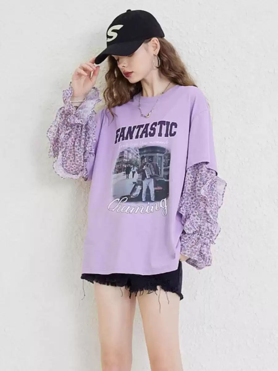 フラワースリーブフォトプリントトップ