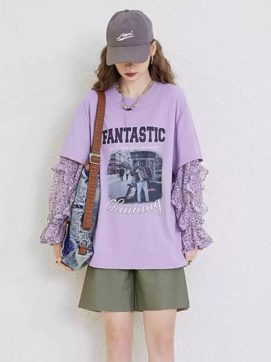 フラワースリーブフォトプリントトップ