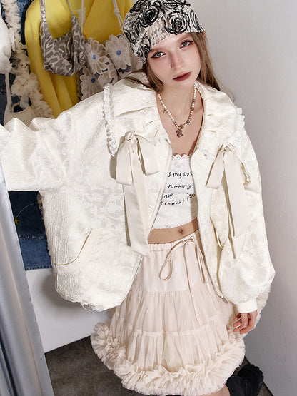 Ribbon collar jacquard jacket 