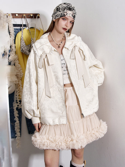 Ribbon collar jacquard jacket 