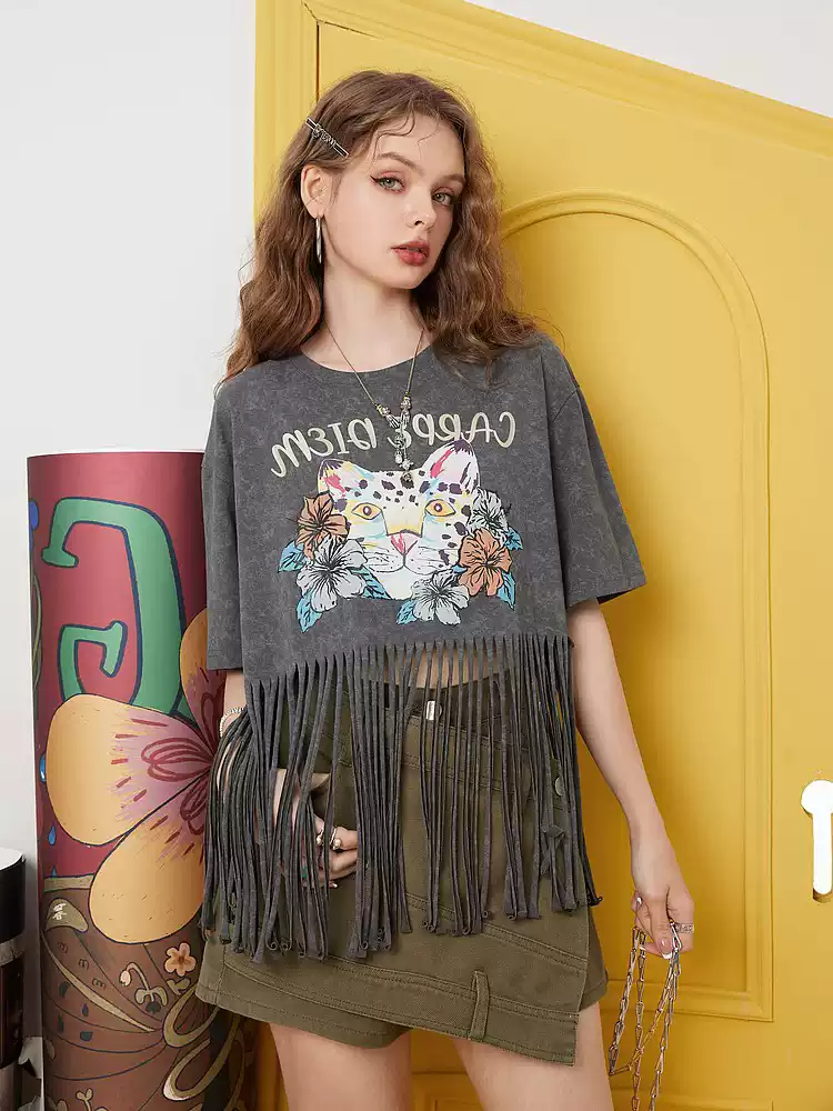 フリンジキャットプリントTシャツ