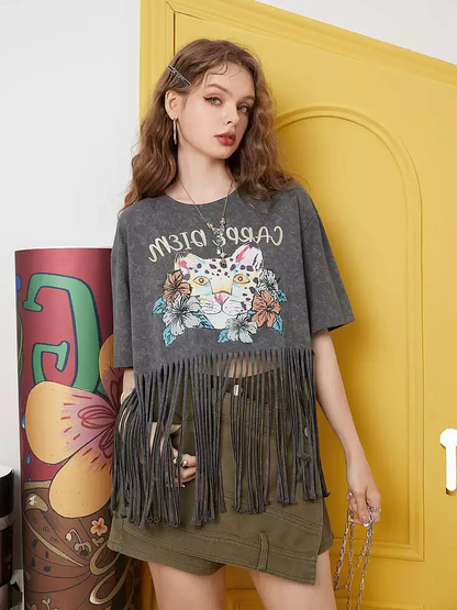 フリンジキャットプリントTシャツ